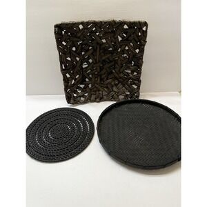 Boho Basket Flat Wall Art Brown Black Woven Round Square 3 Piece Set 12x12"